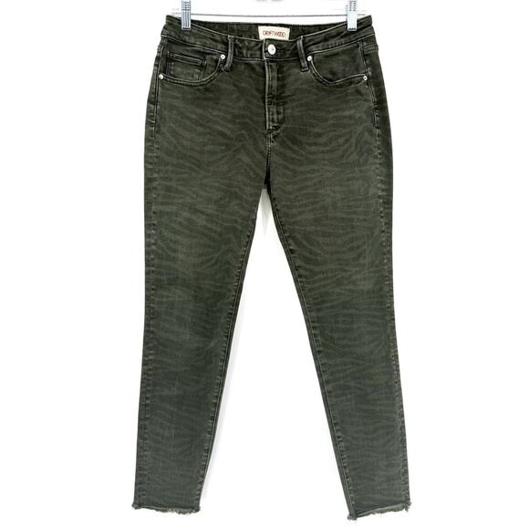 Driftwood Jackie Skinny Jeans Subtle Tiger Print Size 28 Black/Green Raw Hem - Picture 1 of 9